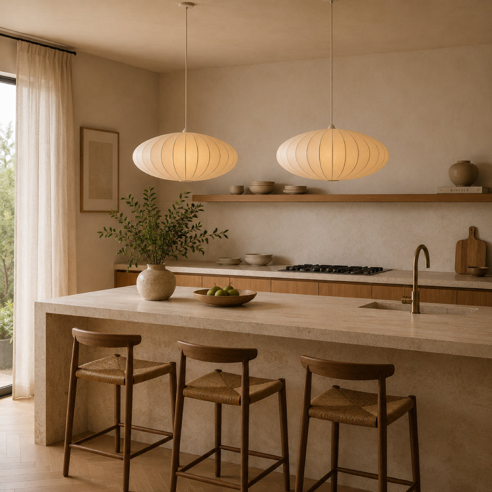 Japandi Pendel Lampe i Silke – Plisseret Oval Silhuet 9