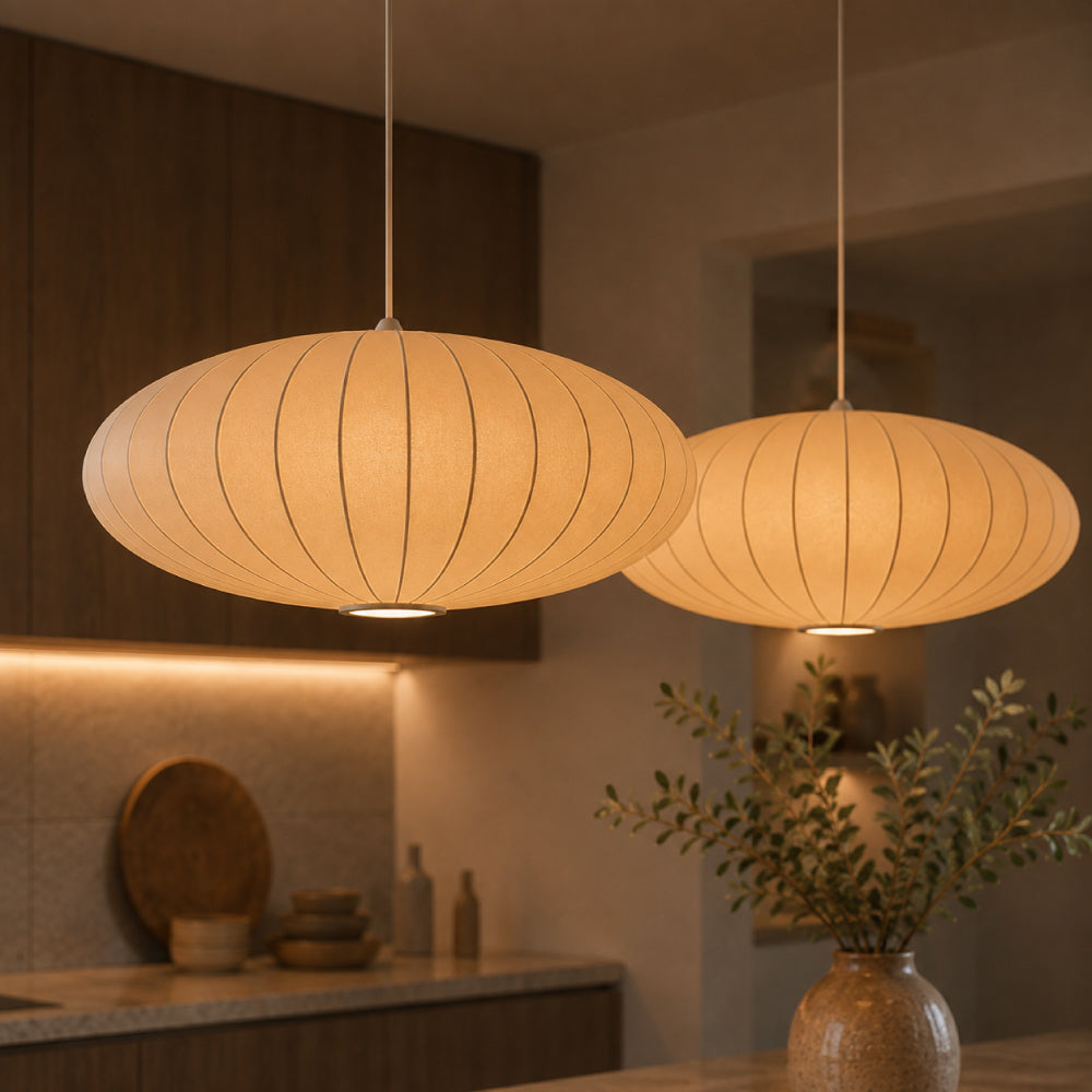 Japandi Pendel Lampe i Silke - Plisseret Oval Silhuet 9
