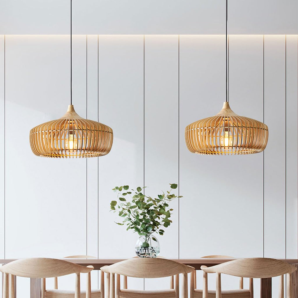 Japandi Pendel Lampe i Træ - Kuppelformet Design med Blødt Gult Lys 0