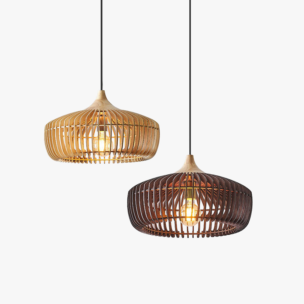 Japandi Pendel Lampe i Træ - Kuppelformet Design med Blødt Gult Lys 1
