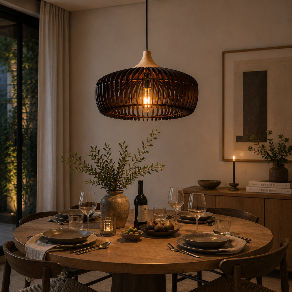 Japandi Pendel Lampe i Træ - Kuppelformet Design med Blødt Gult Lys 11