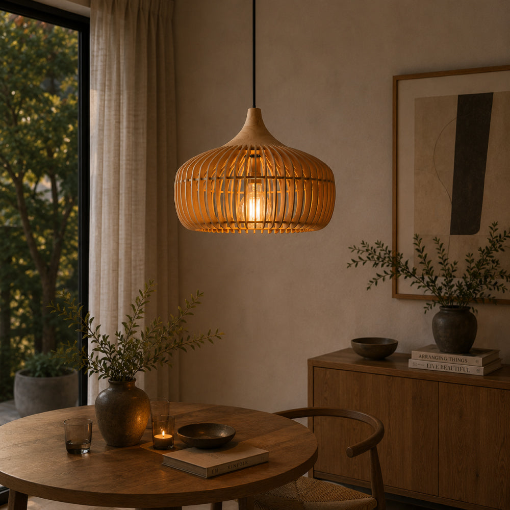 Japandi Pendel Lampe i Træ - Kuppelformet Design med Blødt Gult Lys 12