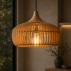 Japandi Pendel Lampe i Træ - Kuppelformet Design med Blødt Gult Lys 13
