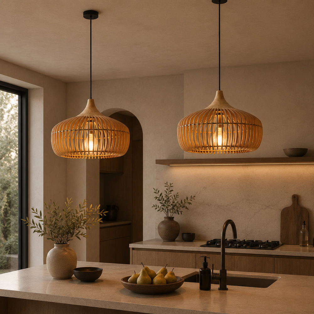 Japandi Pendel Lampe i Træ - Kuppelformet Design med Blødt Gult Lys 15