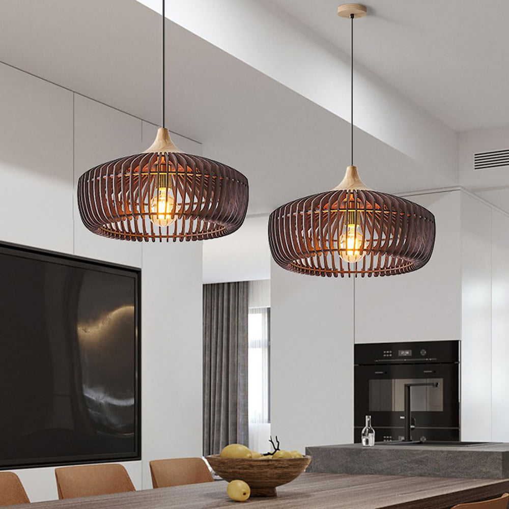 Japandi Pendel Lampe i Træ - Kuppelformet Design med Blødt Gult Lys 2
