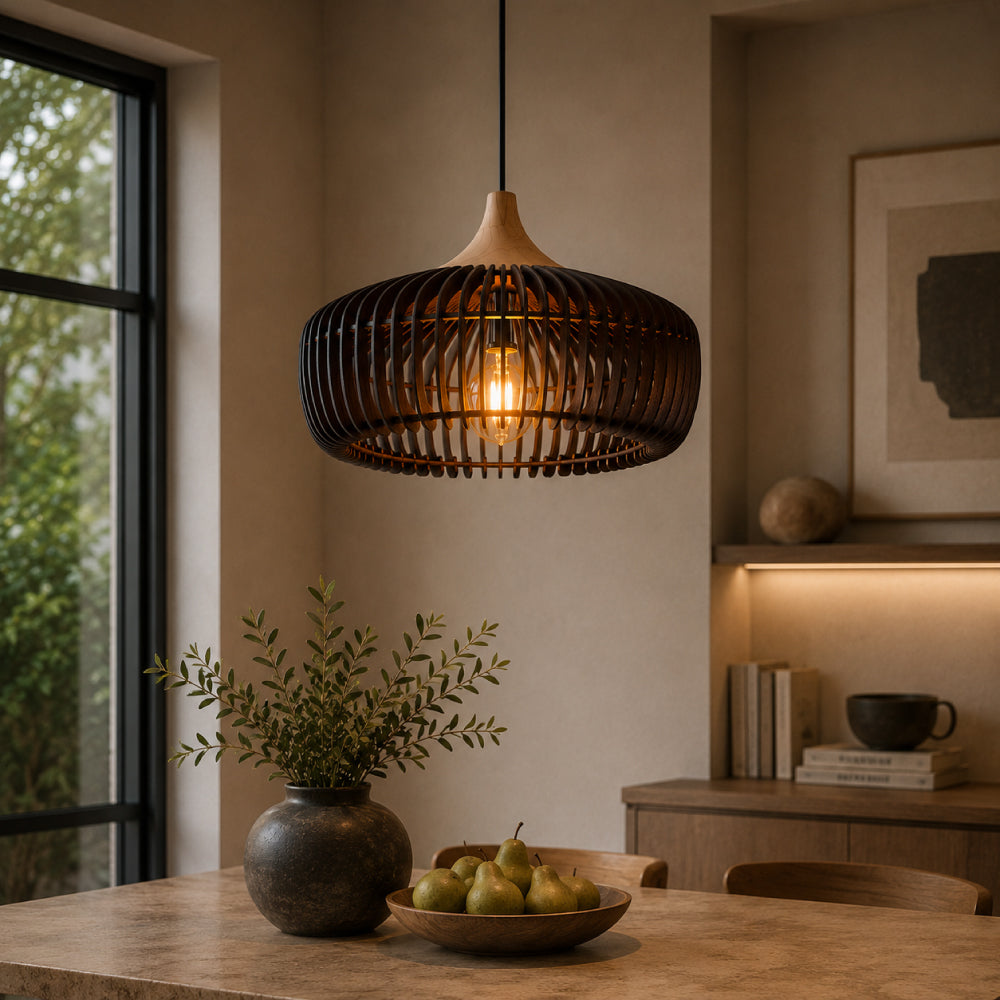 Japandi Pendel Lampe i Træ - Kuppelformet Design med Blødt Gult Lys 4
