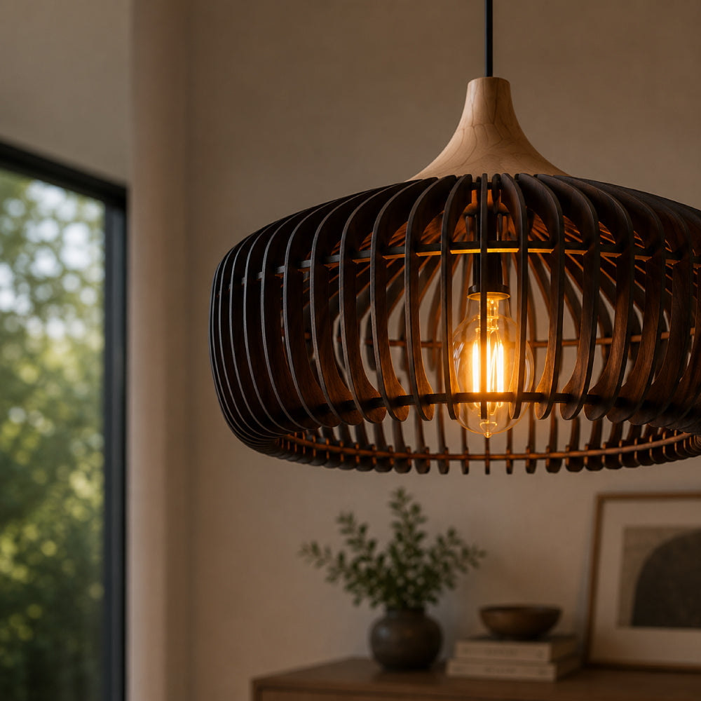 Japandi Pendel Lampe i Træ - Kuppelformet Design med Blødt Gult Lys 5
