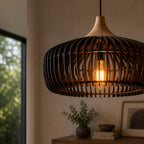 Japandi Pendel Lampe i Træ - Kuppelformet Design med Blødt Gult Lys 5

