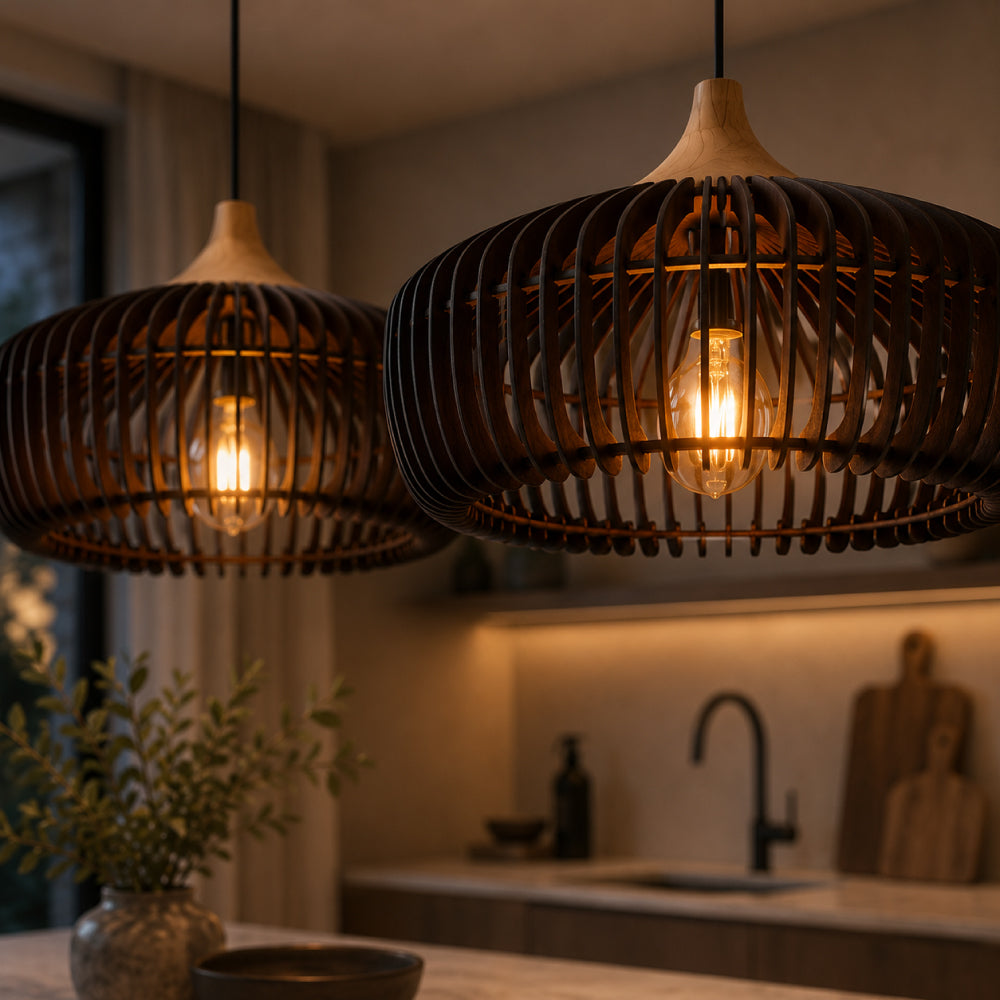 Japandi Pendel Lampe i Træ - Kuppelformet Design med Blødt Gult Lys 6
