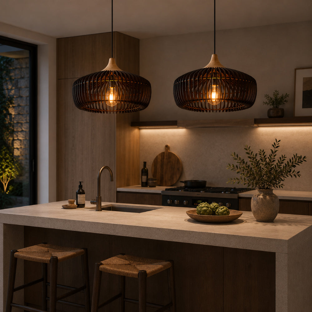 Japandi Pendel Lampe i Træ - Kuppelformet Design med Blødt Gult Lys 7
