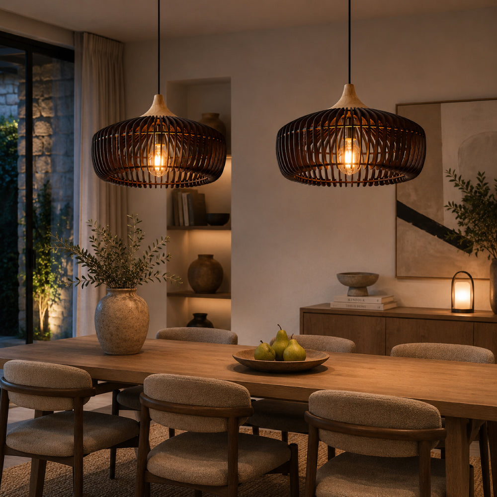 Japandi Pendel Lampe i Træ - Kuppelformet Design med Blødt Gult Lys 8
