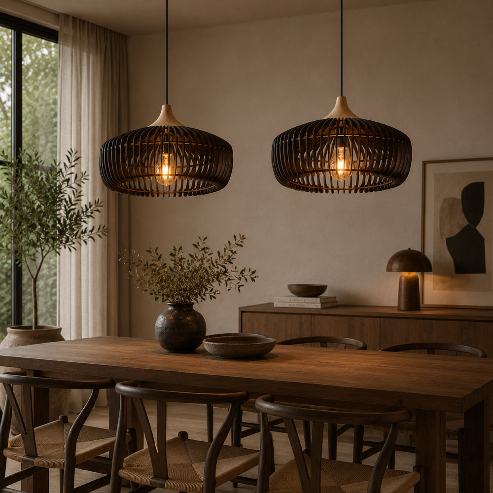 Japandi Pendel Lampe i Træ - Kuppelformet Design med Blødt Gult Lys 9
