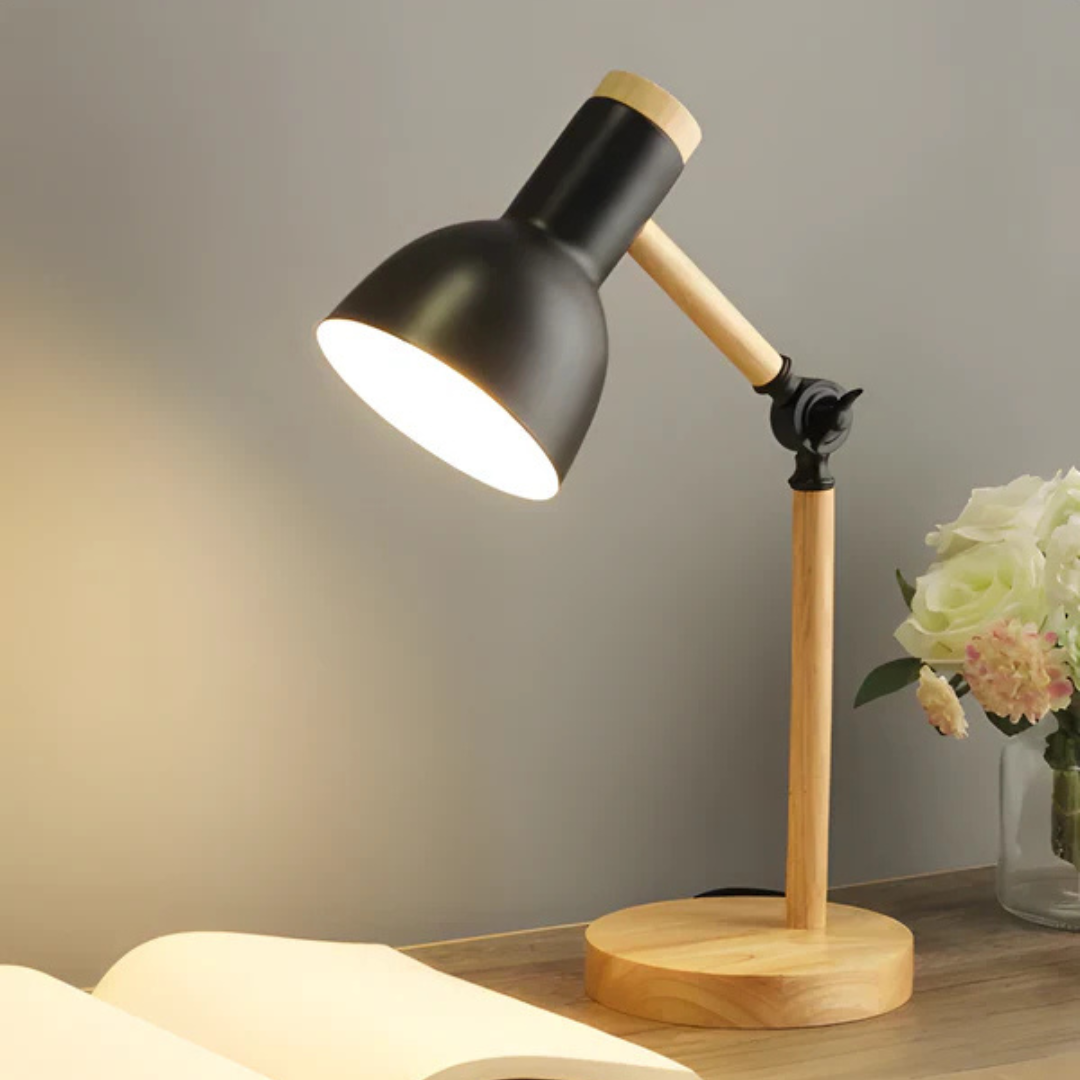 Justerbar Bordlampe i Træ og Metal – Moderne Design med Fleksibel Belysning 3