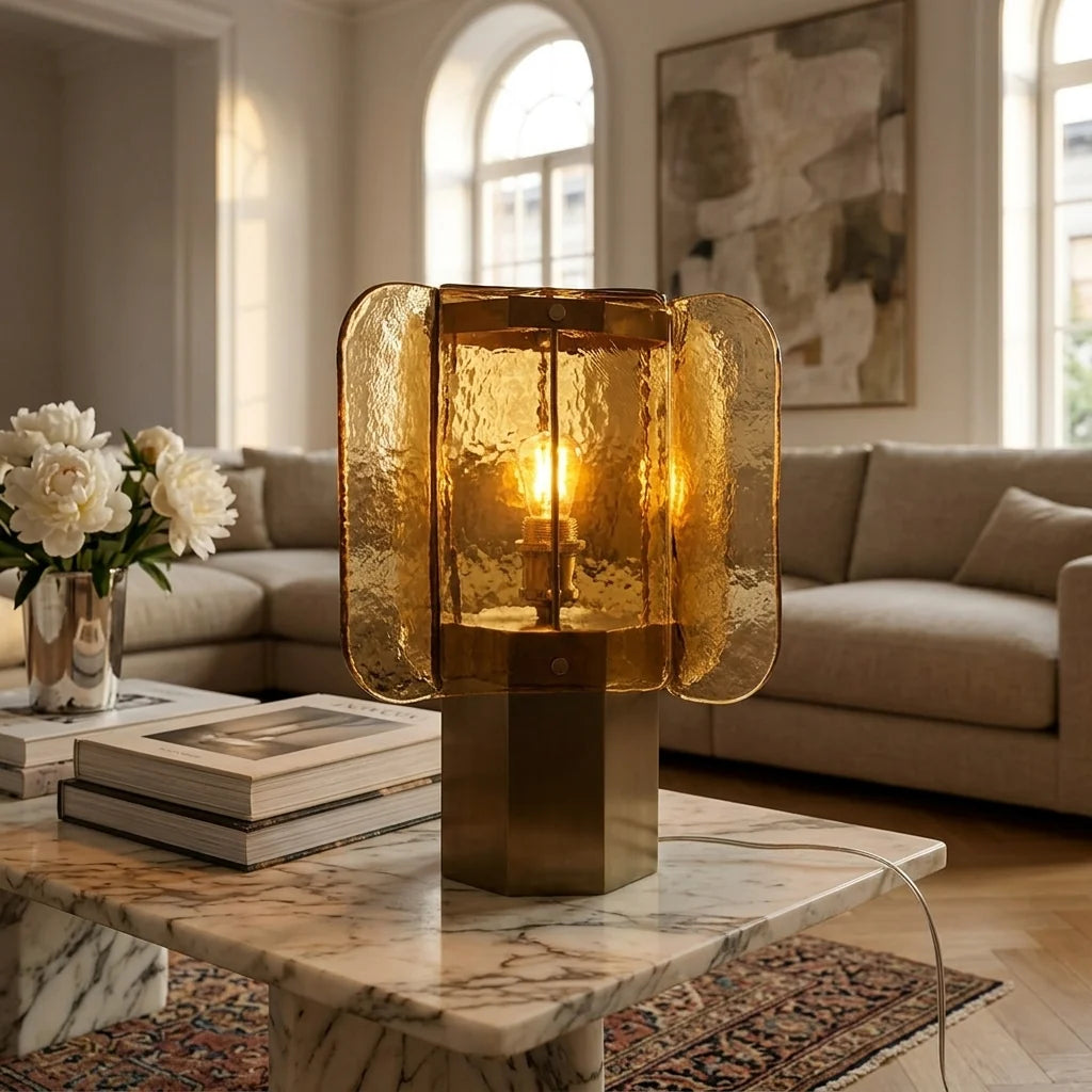 Lanterneformet Bordlampe i Messing med Struktureret Glas 2