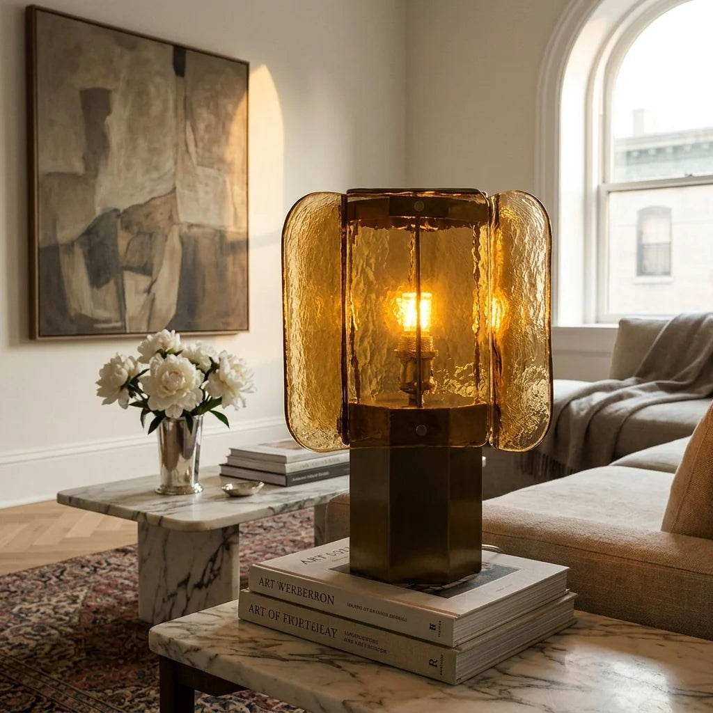 Lanterneformet Bordlampe i Messing med Struktureret Glas 5