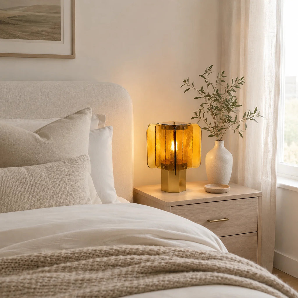 Lanterneformet Bordlampe i Messing med Struktureret Glas 6