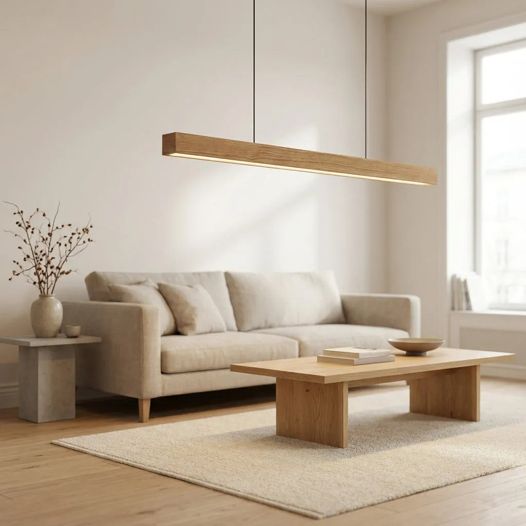 Lineær pendel i massivt træ | LED | Fyr & valnød | 80–120 cm