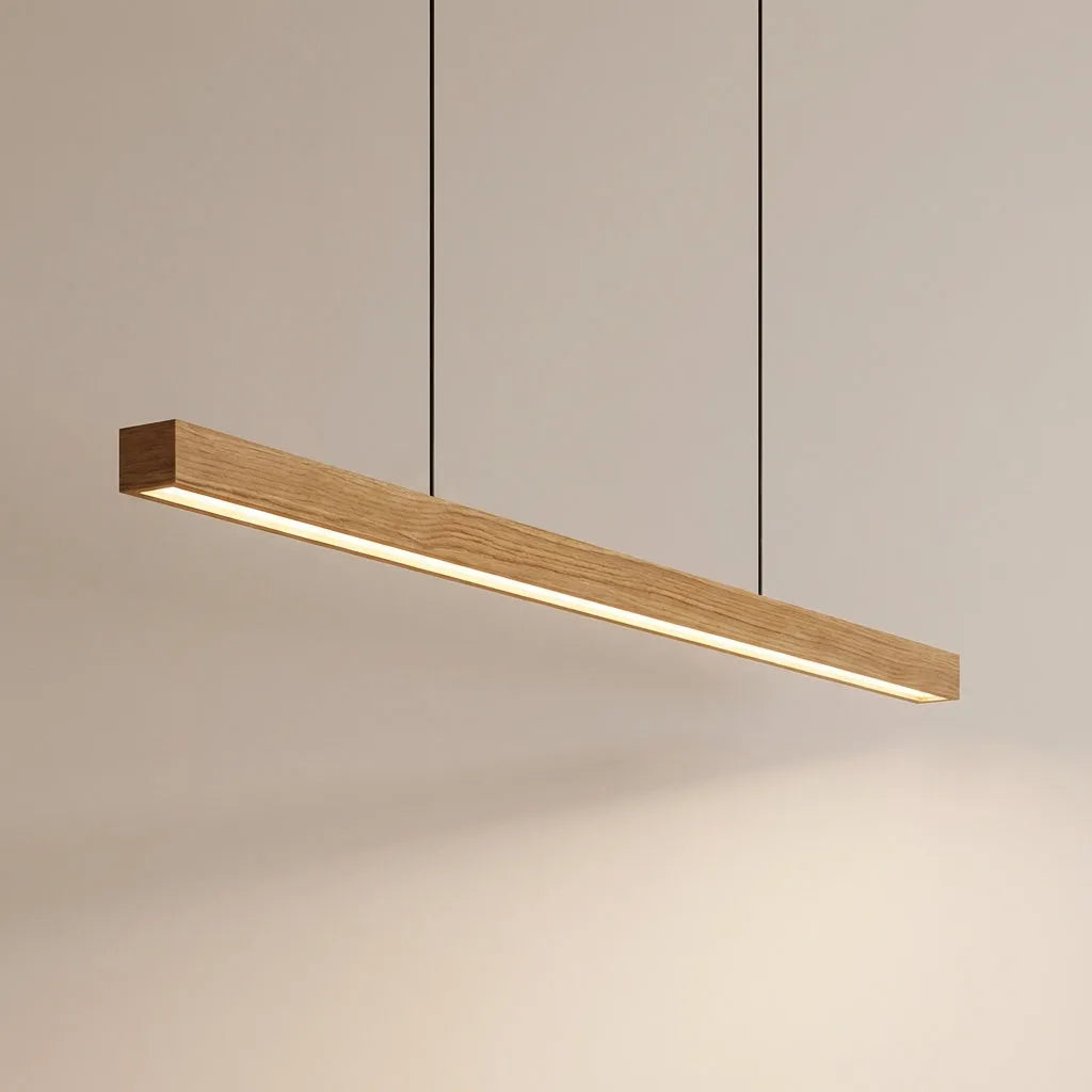 Lang Pendel over Spisebord – Lineær LED Pendellampe i Massivt Træ, Fyr eller Valnød, 80 eller 120 cm, 3 Lysfarver