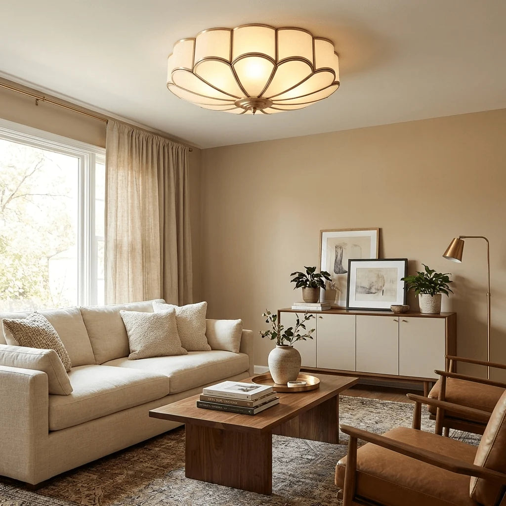 Loftlampe i Blomsterform – Matteret Glas med Messingdetaljer, Dæmpbar Belysning 8