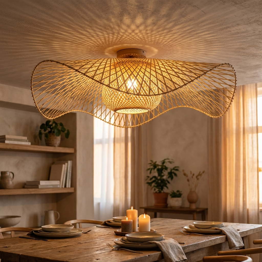 Loftslampe i Bambus og Rattan – Unikt Lysmønster til Stue og Soveværelse 0