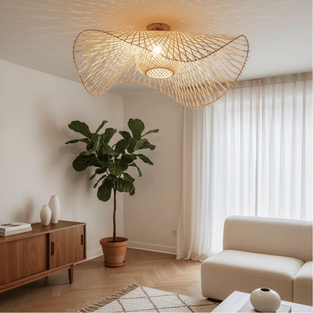 Loftslampe i Bambus og Rattan – Unikt Lysmønster til Stue og Soveværelse 1