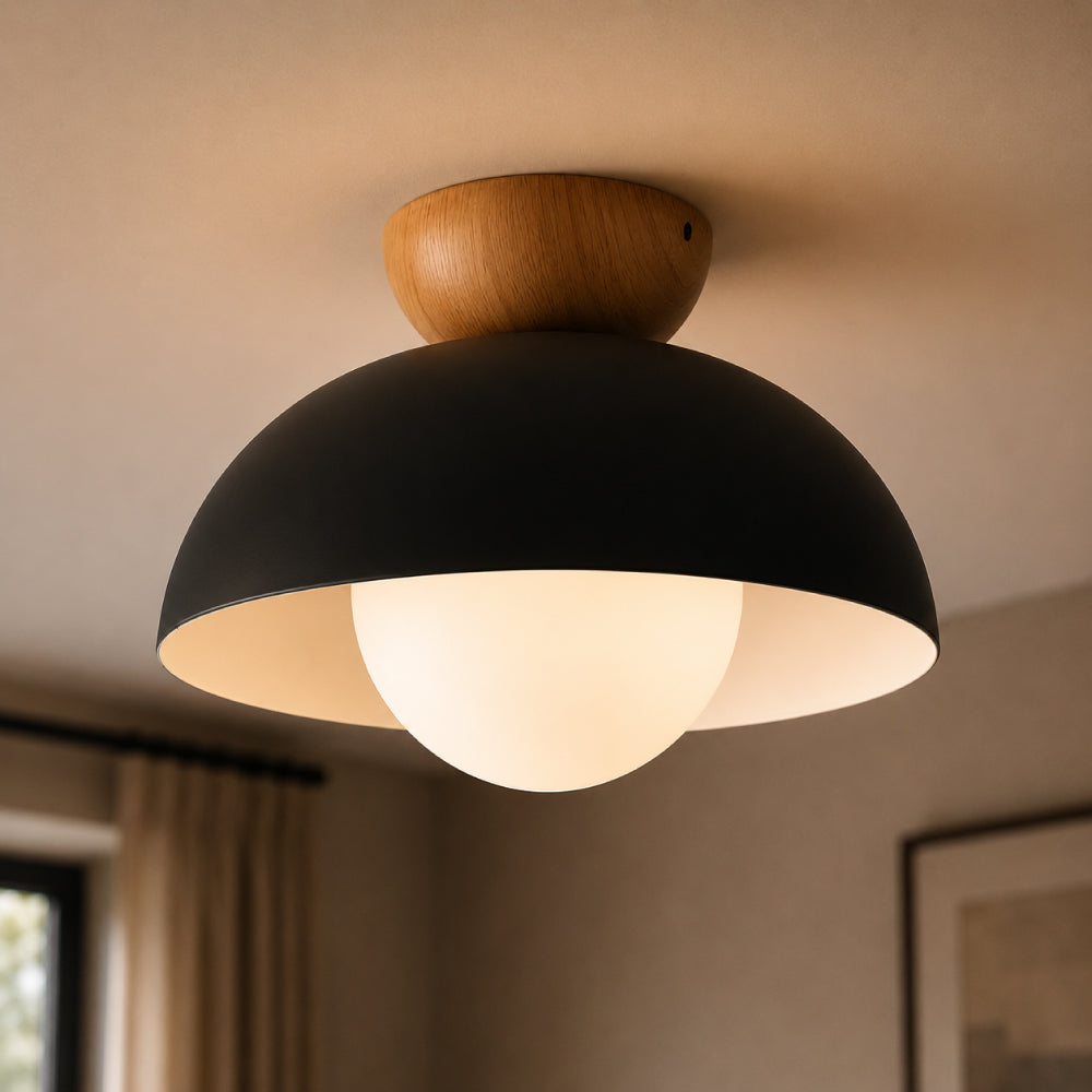 Loftslampe i Skålform - Glaskugle med Trædetalje i Nordisk Udtryk 11
