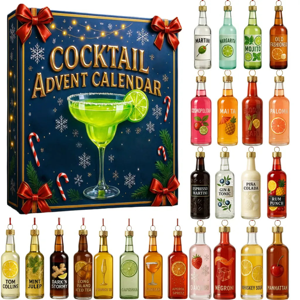 Cocktail Julekalender 2026 – 24 Mini Cocktailflasker som Juletræspynt, Julenedtælling for Voksne (uden Alkohol)