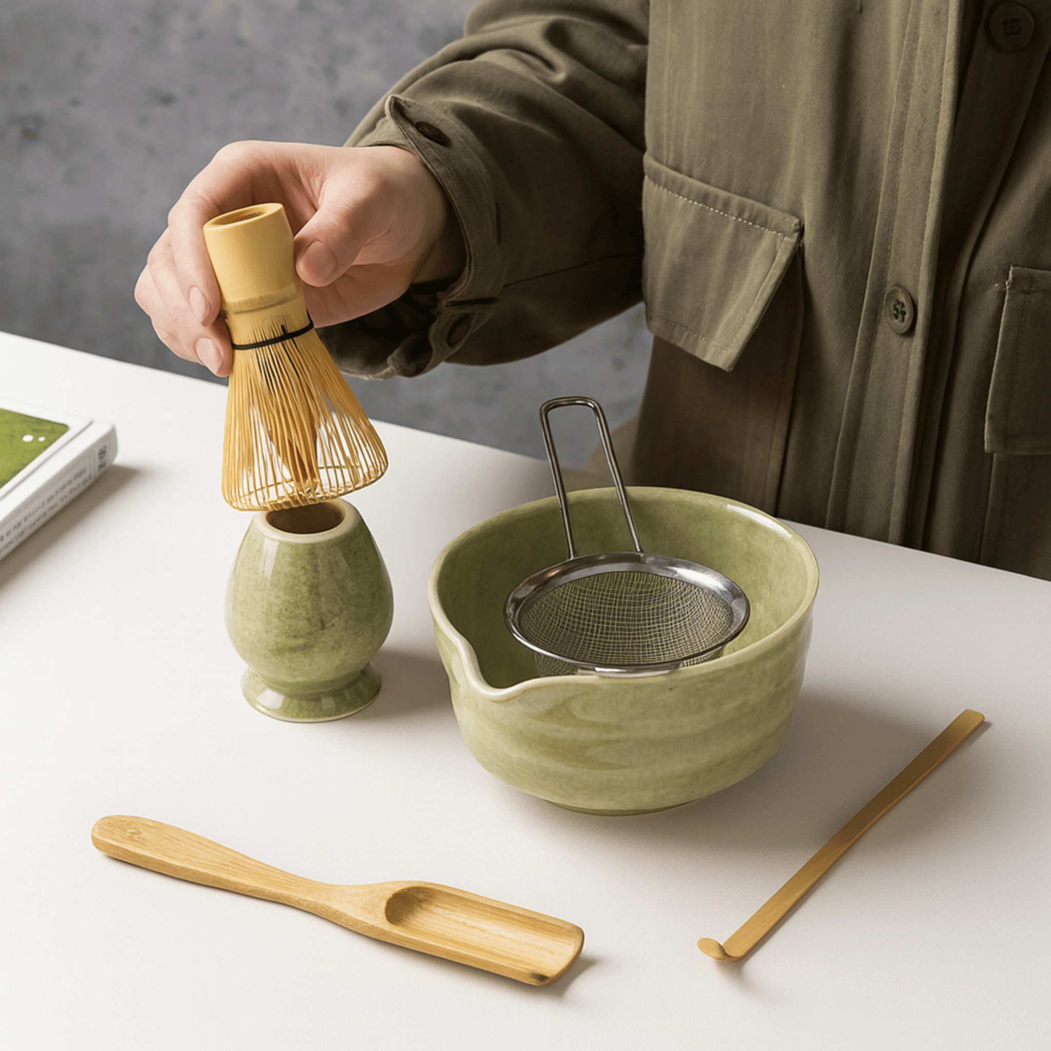 Matcha Sæt – Keramisk Skål og Bambusredskaber til Traditionel Te-ceremoni 1