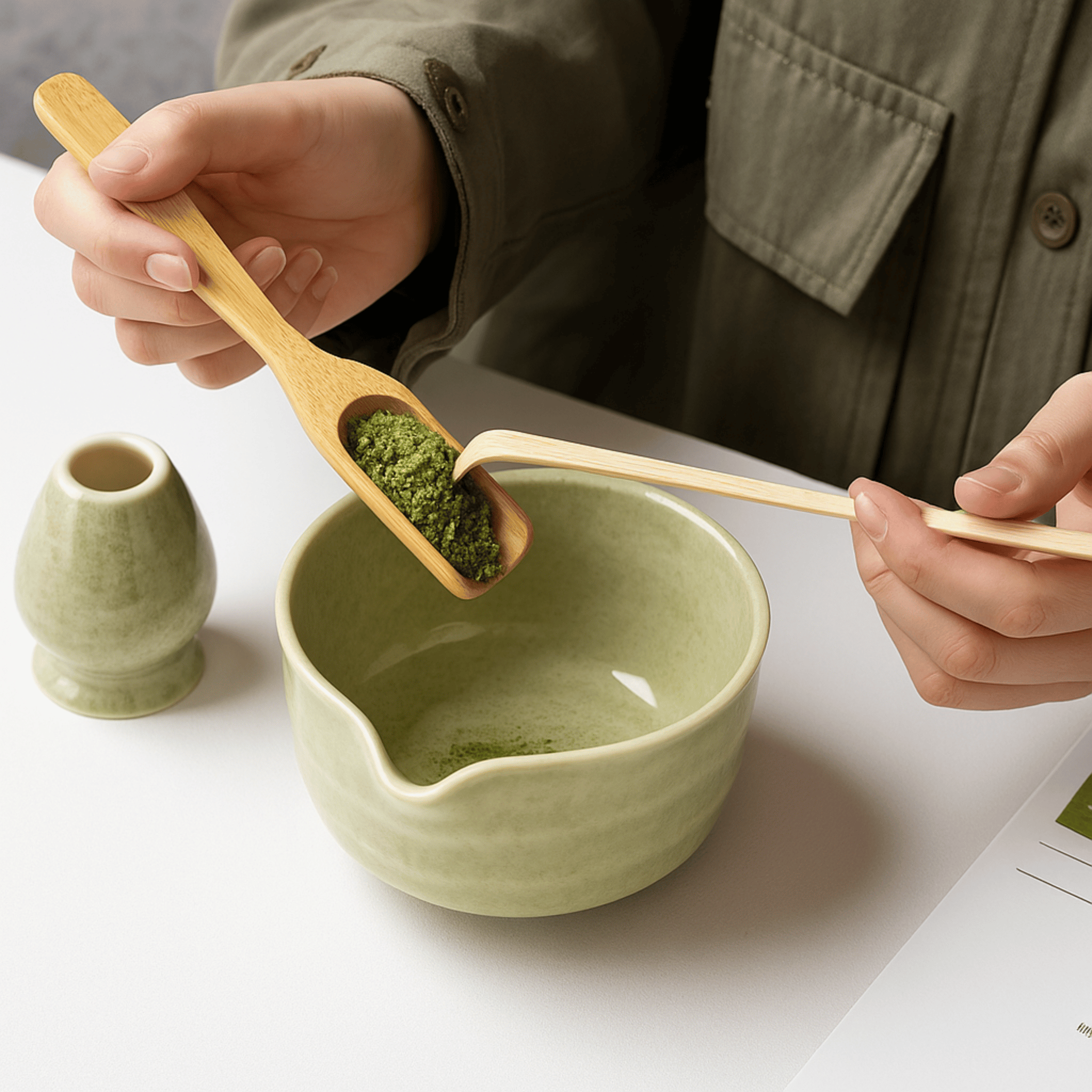 Matcha Sæt – Keramisk Skål og Bambusredskaber til Traditionel Te-ceremoni 2