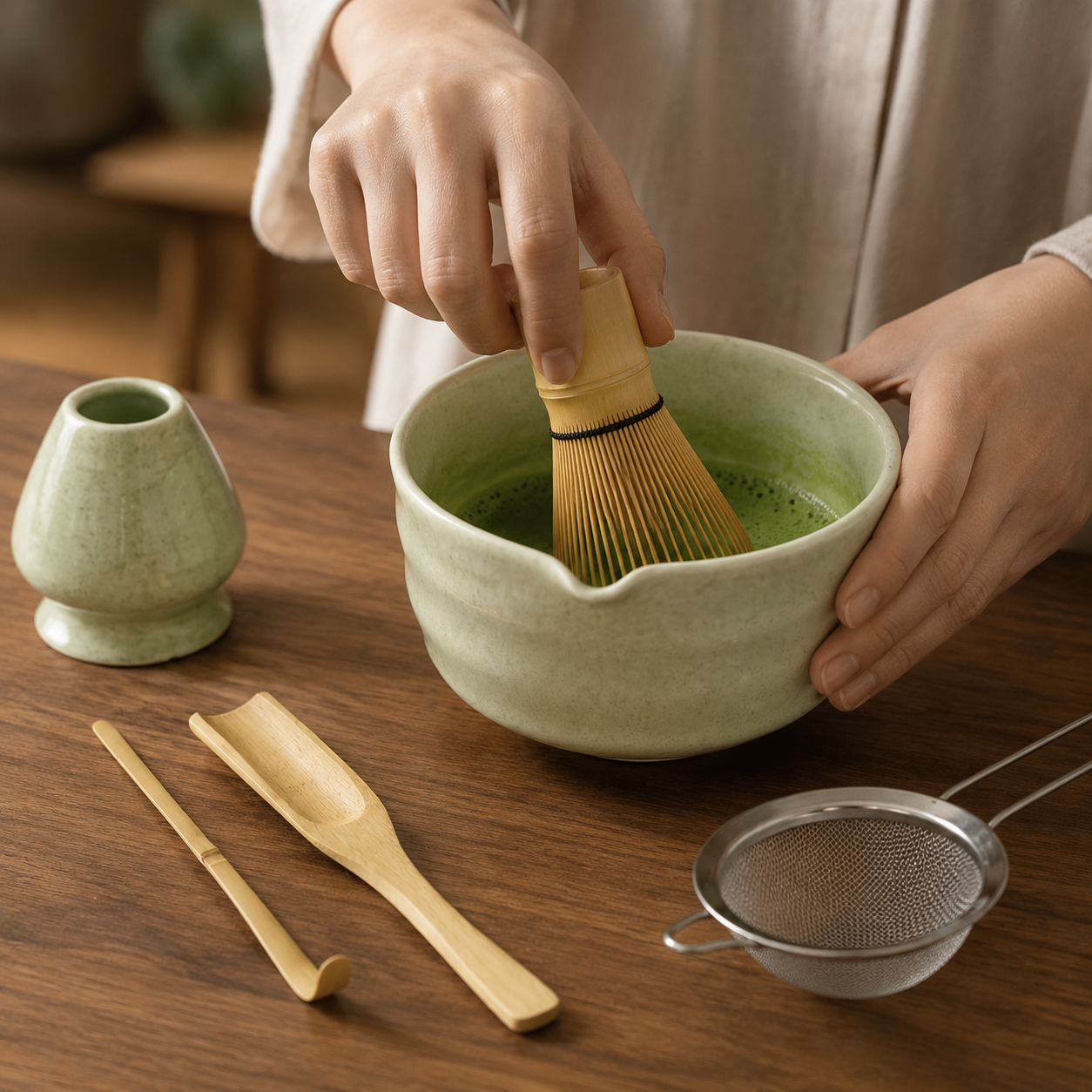 Matcha Sæt – Keramisk Skål og Bambusredskaber til Traditionel Te-ceremoni 5
