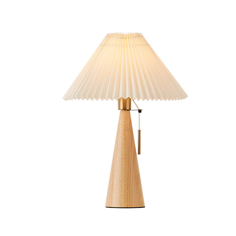 Minimalistisk Træ Bordlampe – Plisseret Stof med Varmt Lys 1
