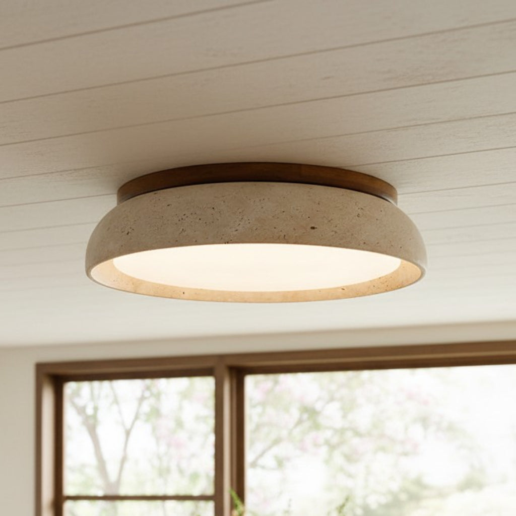 Moderne Rund Loftslampe i Travertin – Elegant Design med Blødt Lys 0