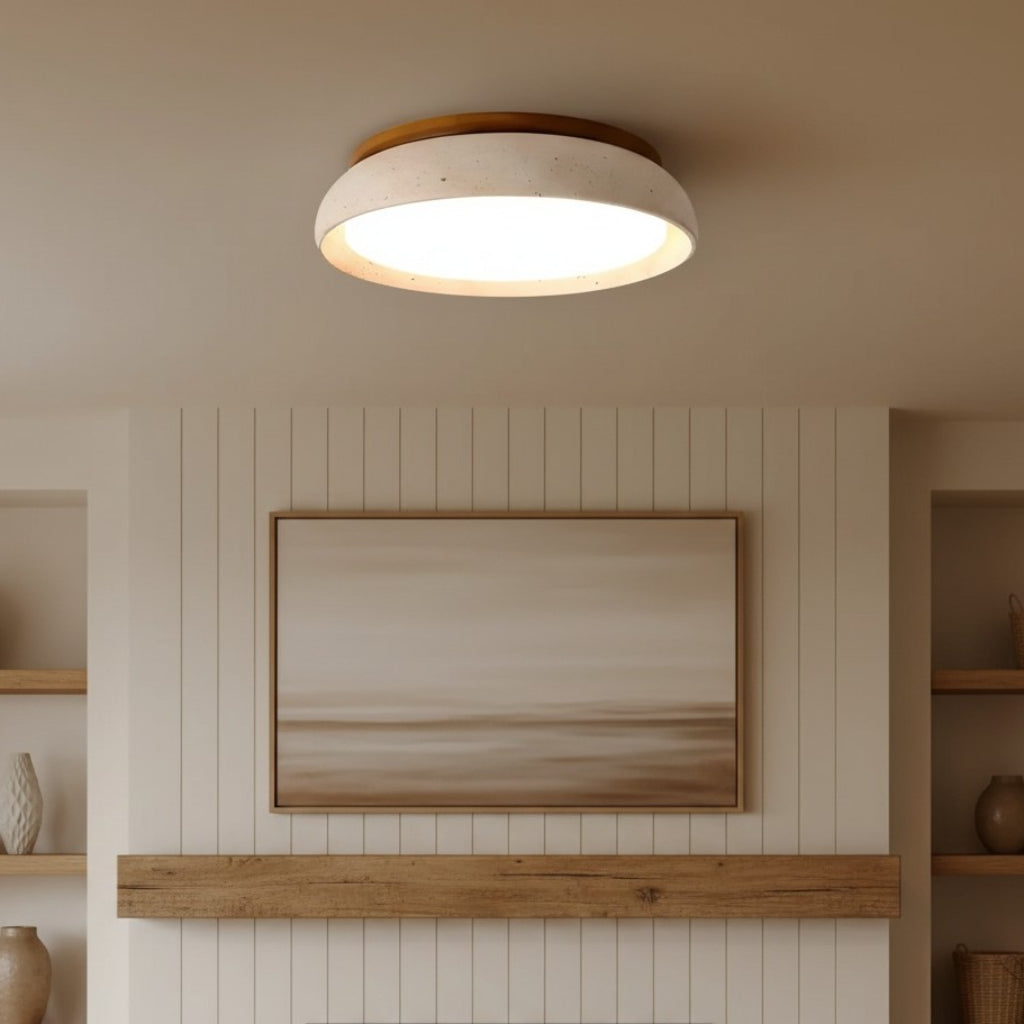 Moderne Rund Loftslampe i Travertin – Elegant Design med Blødt Lys 1