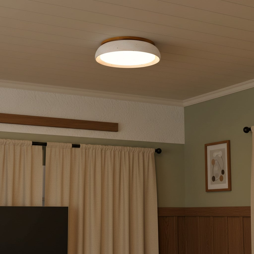 Moderne Rund Loftslampe i Travertin – Elegant Design med Blødt Lys 7