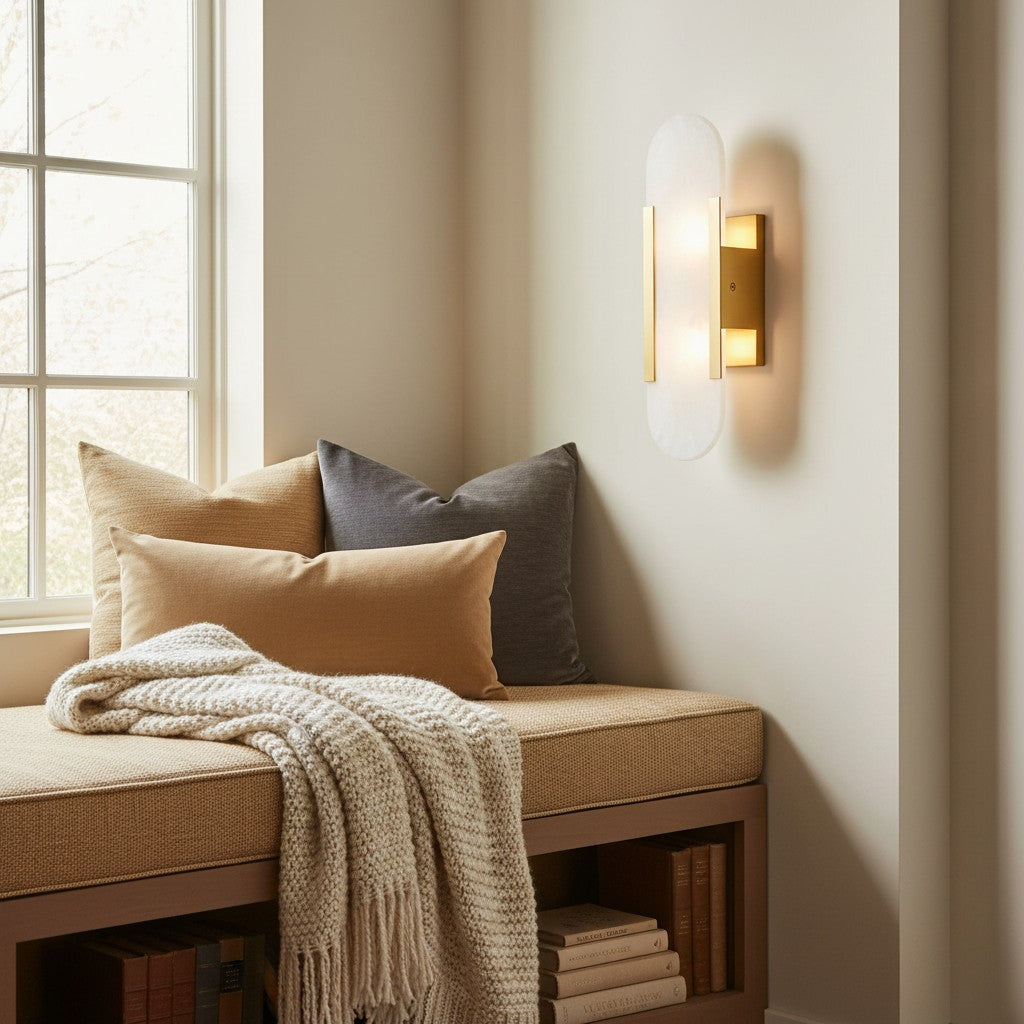 Moderne Væglampe i Alabast og Messing – Geometrisk Design med Blødt Lys 5