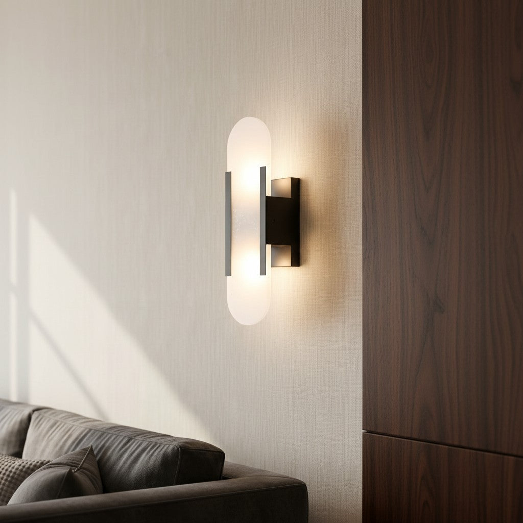 Moderne Væglampe i Alabast og Messing – Geometrisk Design med Blødt Lys 6