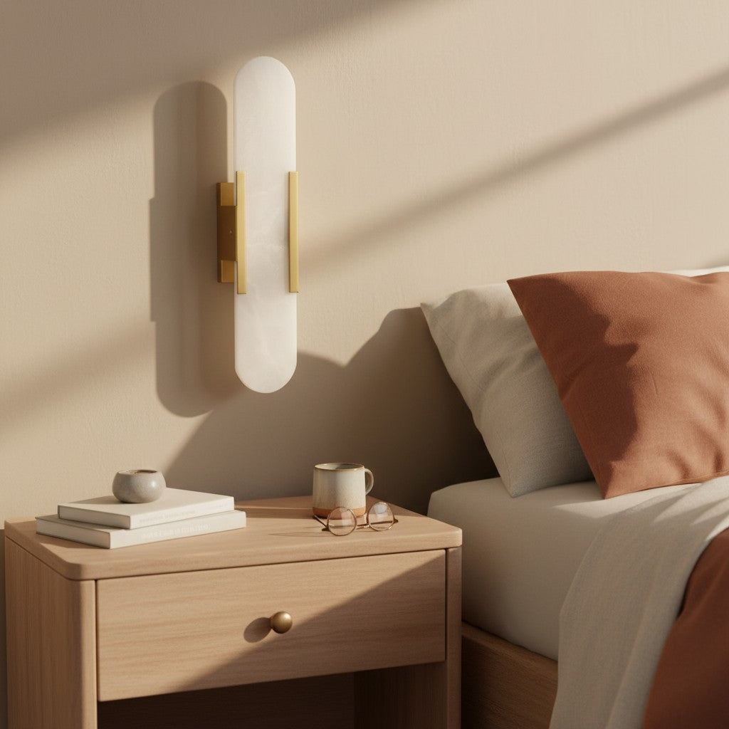 Moderne Væglampe i Alabast og Messing – Geometrisk Design med Blødt Lys 7