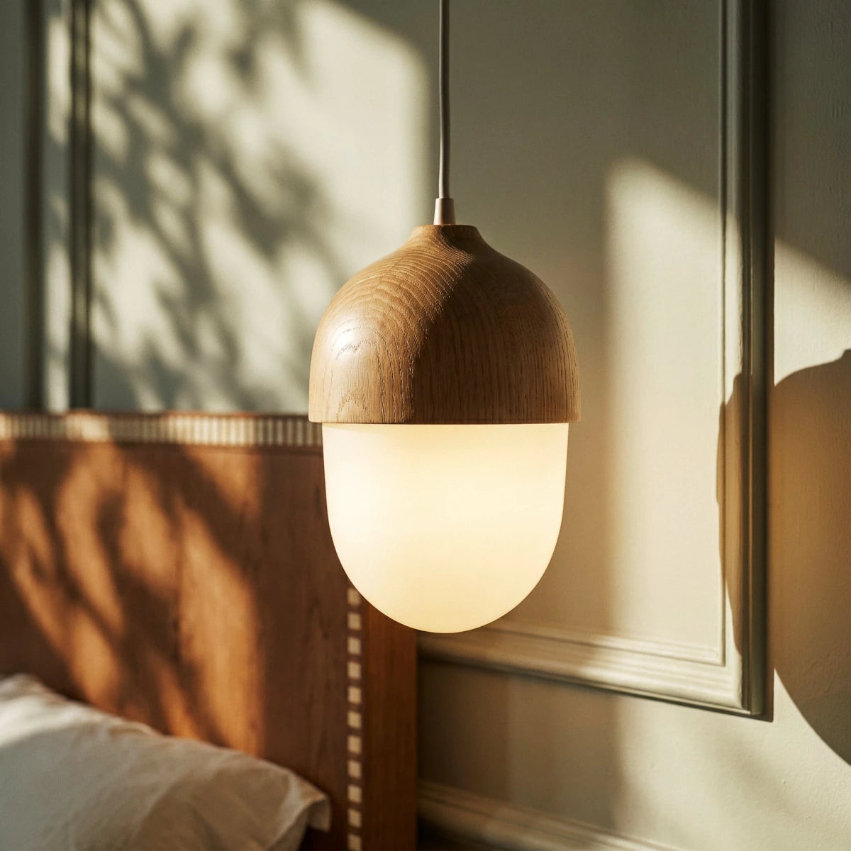 Nordisk Pendel Lampe - Matteret Glas med Trælook 1
