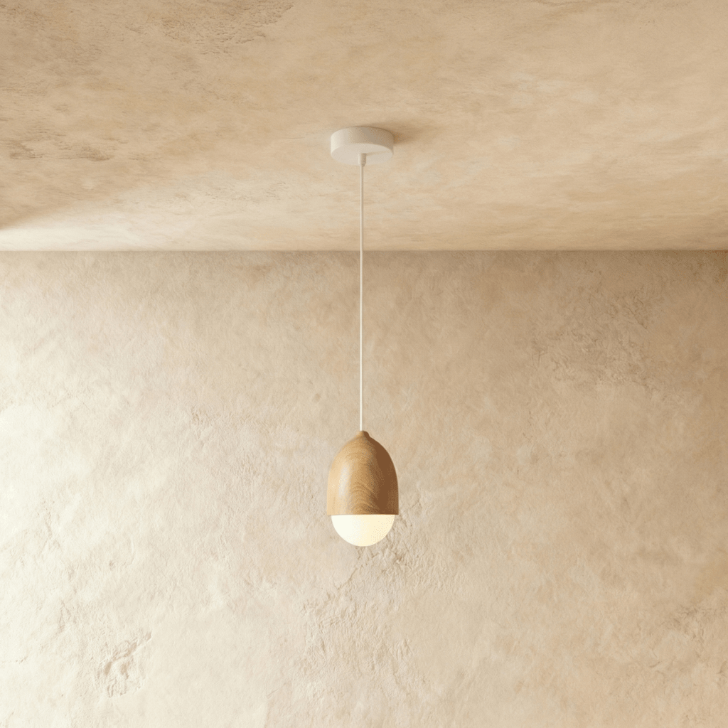 Nordisk Pendel Lampe - Matteret Glas med Trælook 2
