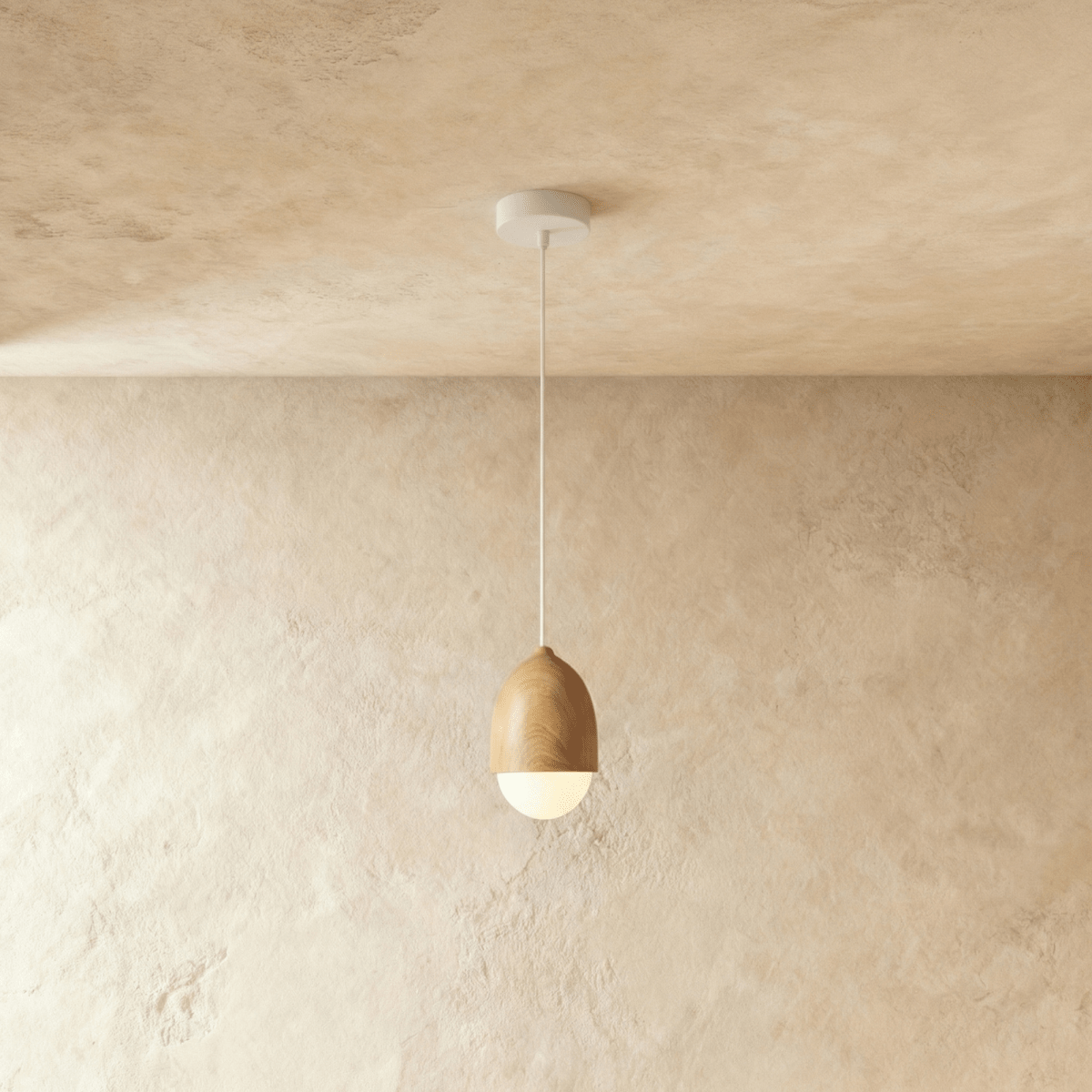 Nordisk Pendel Lampe - Matteret Glas med Trælook 2
