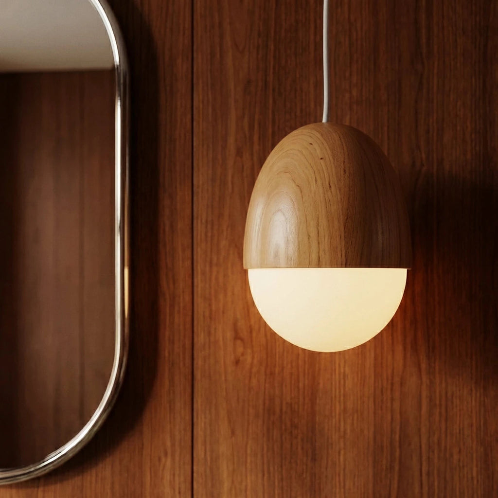 Nordisk Pendel Lampe - Matteret Glas med Trælook 7
