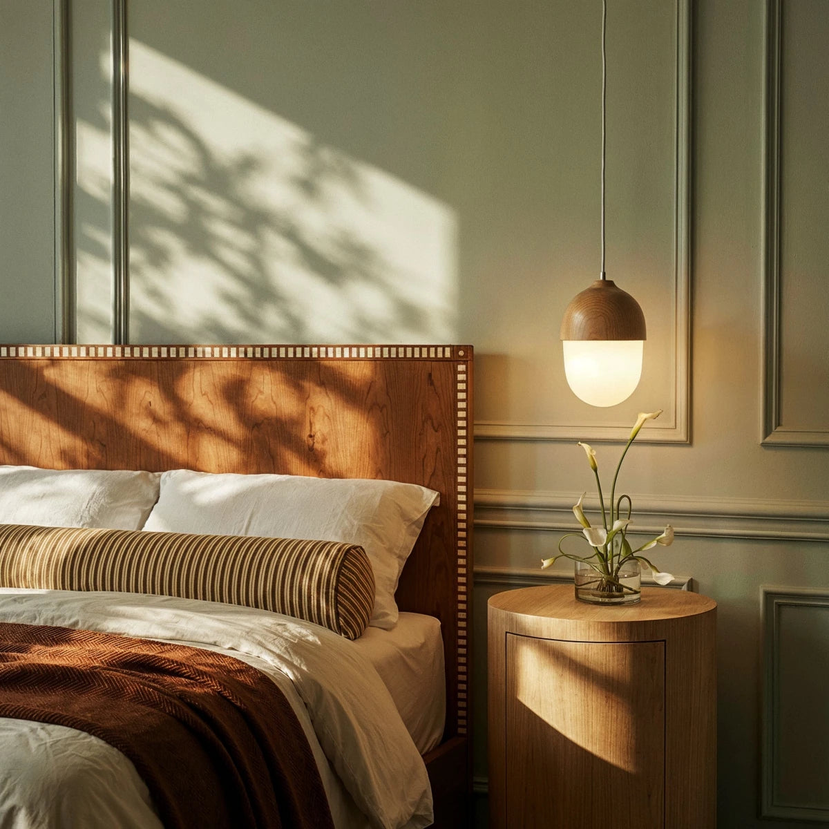 Nordisk Pendel Lampe - Matteret Glas med Trælook 8
