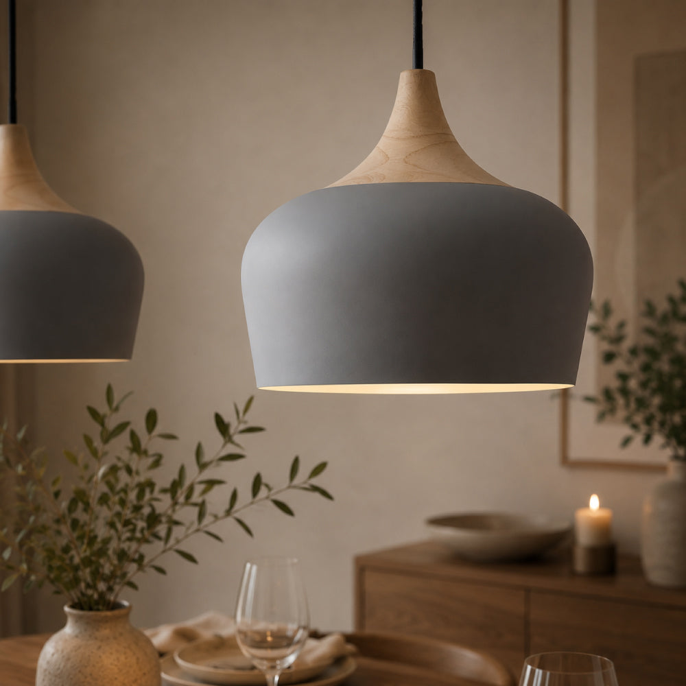 Nordisk Pendel Lampe i Træ - Pastelfarvet Kuppelskærm 0
