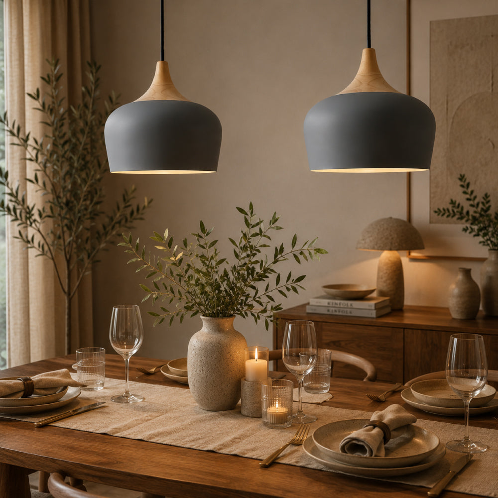 Nordisk Pendel Lampe i Træ - Pastelfarvet Kuppelskærm 2