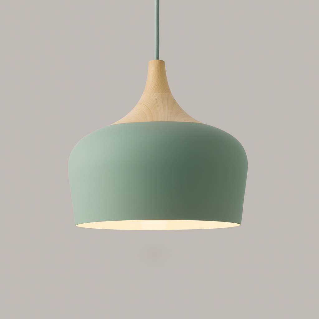 Nordisk Pendel Lampe i Træ - Pastelfarvet Kuppelskærm 3
