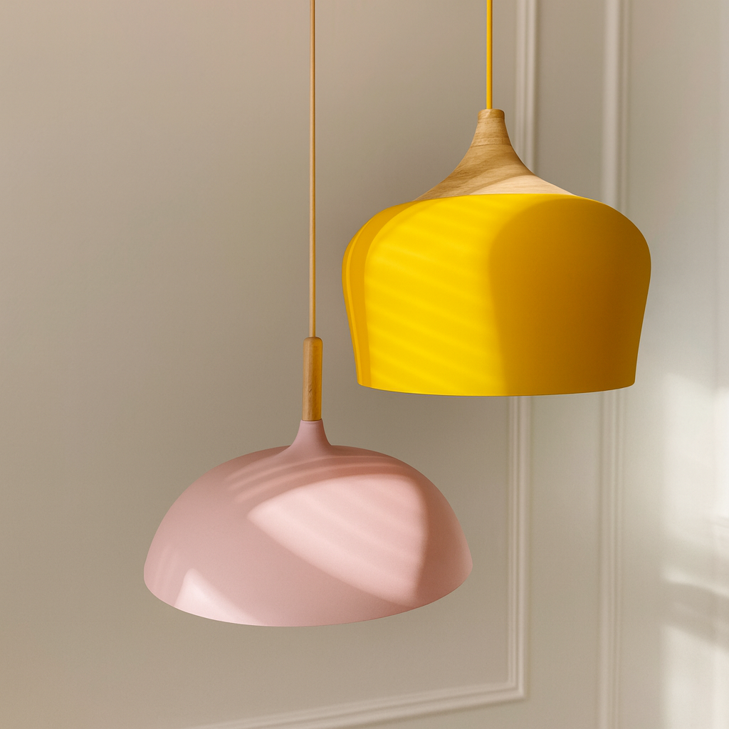 Nordisk Pendel Lampe i Træ - Pastelfarvet Kuppelskærm 4
