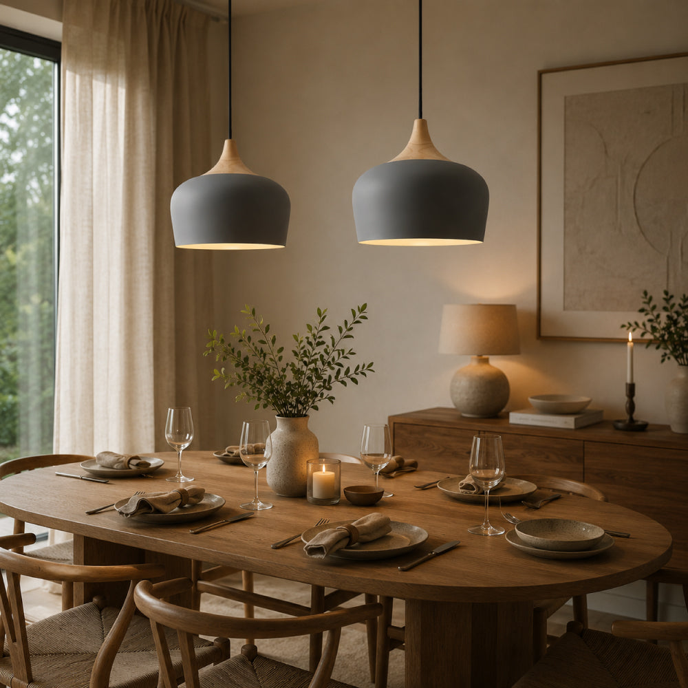 Nordisk Pendel Lampe i Træ - Pastelfarvet Kuppelskærm 5
