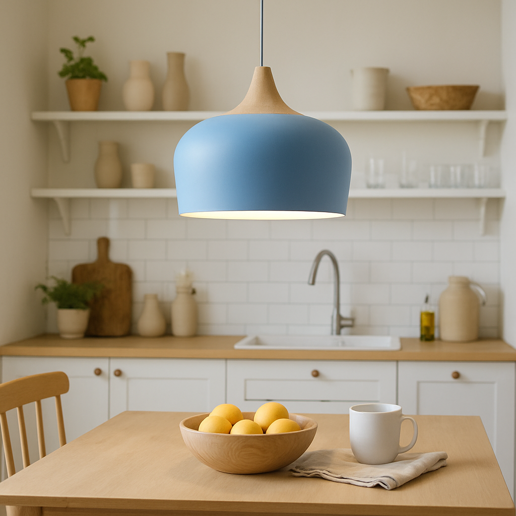 Nordisk Pendel Lampe i Træ - Pastelfarvet Kuppelskærm 6
