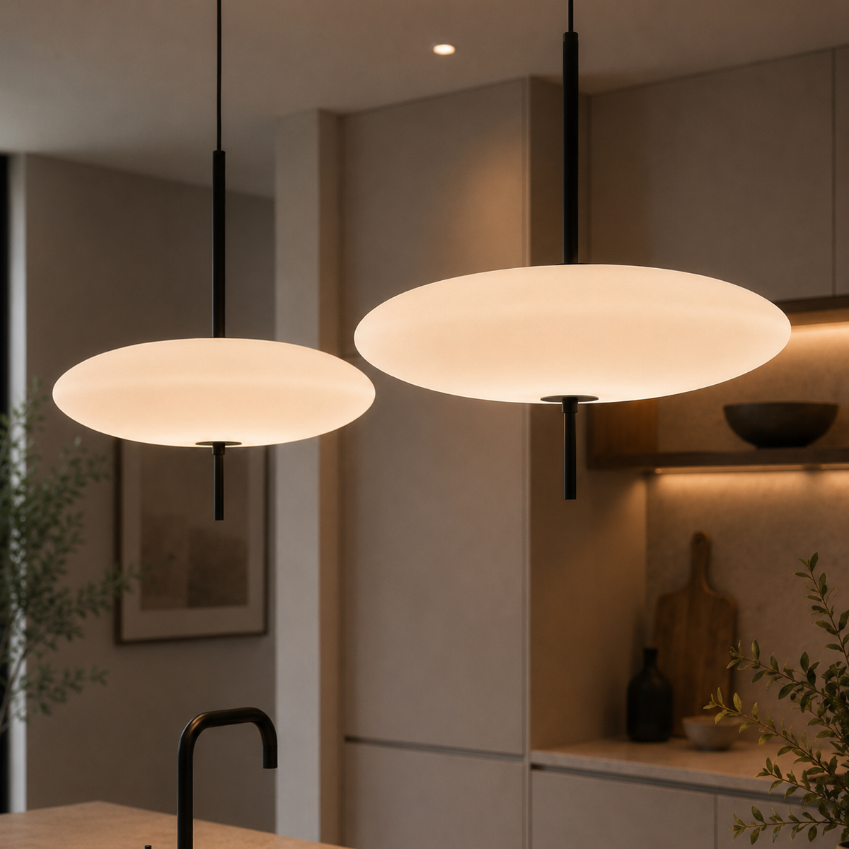 Oval Pendel Lampe i Glas - Svævende Skiveform med Slank Metalstang 12