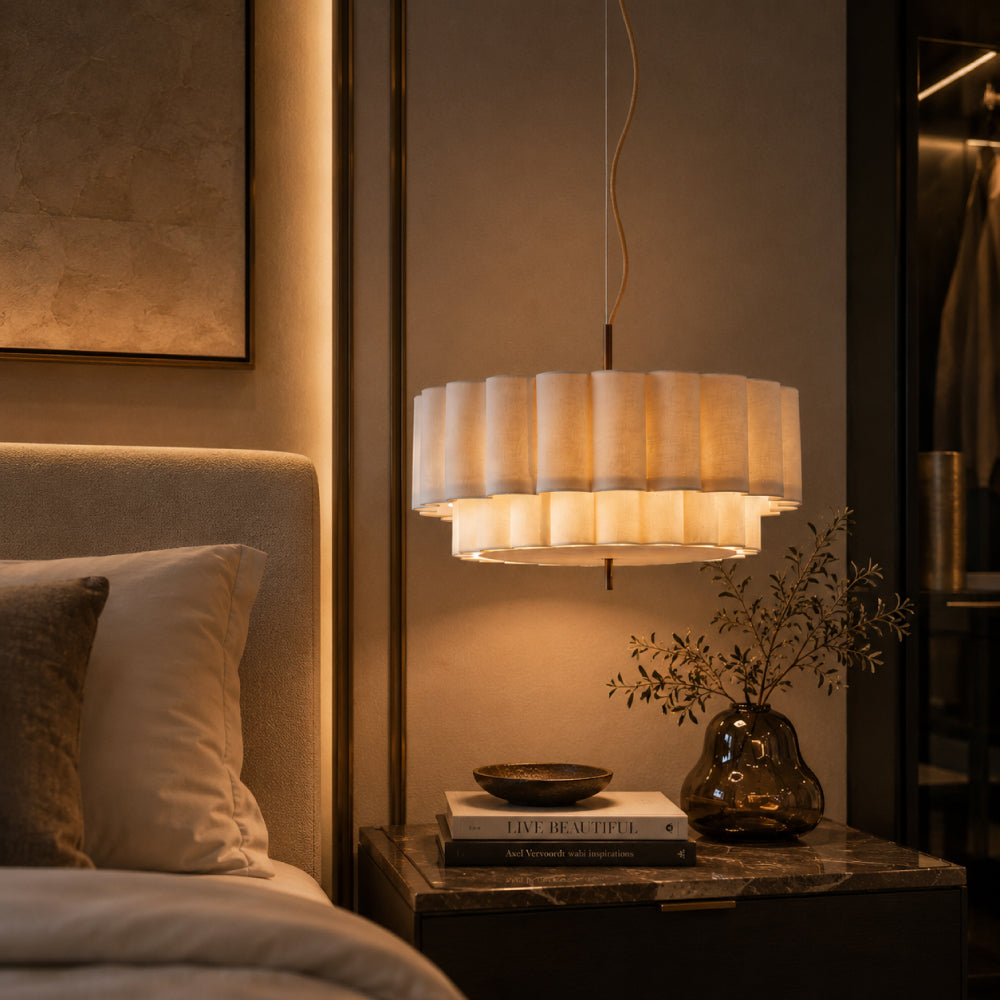 Pendel Lampe i Hør - Skulpturelt Lagdesign med Elegant Bronzefinish 12